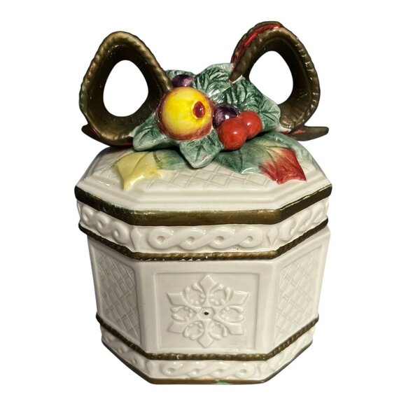Fitz and Floyd Father Noel Octagon Lidded Box, Fruit & Ribbon Top, 1990s - Picture 3 of 7
